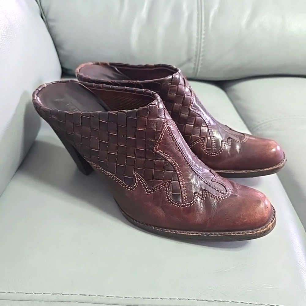 Sesto Meucci‎ Brown Woven Calf Leather Western Mules Heels Booties Sz 7.5 Italy